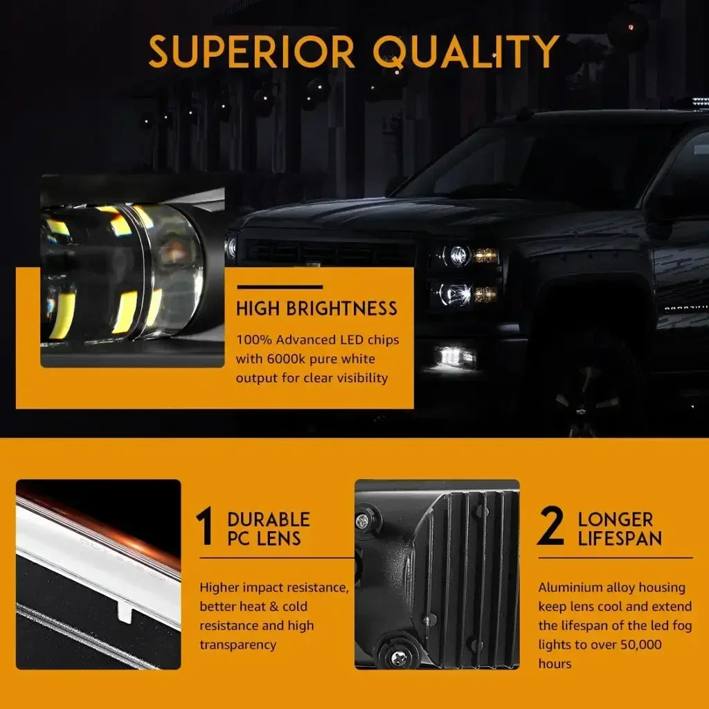 High brightness LED fog light assembly for Chevy Silverado, Tahoe, Suburban & GMC Yukon with durable PC lens and longer lifes