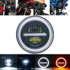 A circular LED headlight assembly with a silver bezel and yellow light, shown alongside motorcycle headlights.