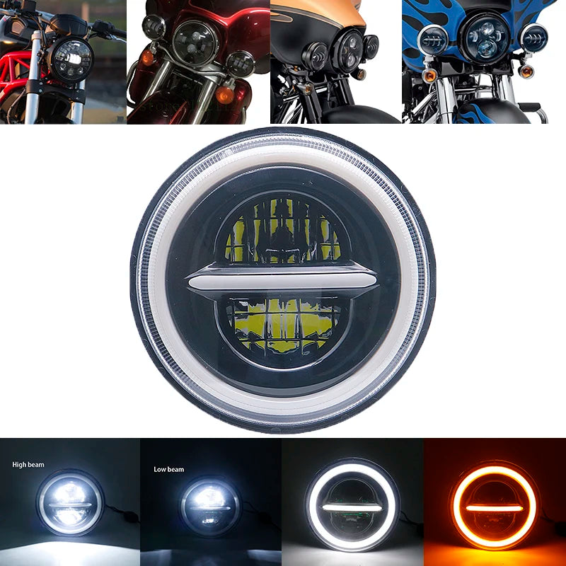 A circular LED headlight assembly with a silver bezel and yellow light, shown alongside motorcycle headlights.