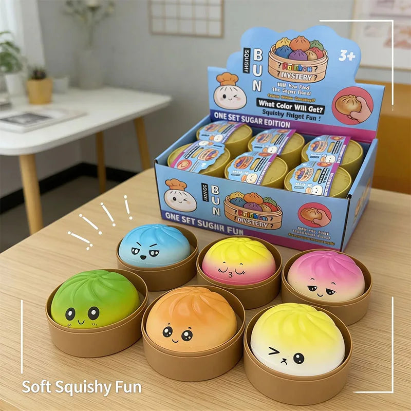 A set of soft squishy fun toys in various colors including blue, yellow, and pink, displayed on a wooden table.