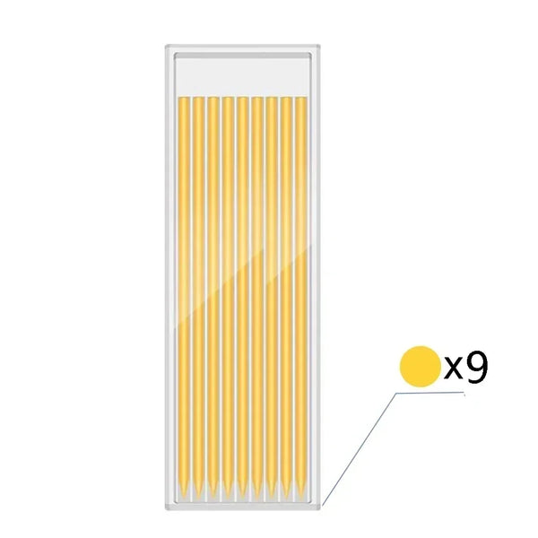 A set of nine yellow mechanical carpenter pencils with built-in sharpeners displayed in a clear container.