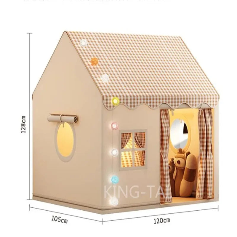 A beige princess castle play tent with a checkered roof and a window showing a stuffed animal inside.
