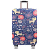 A blue suitcase with a colorful floral pattern and a yellow cat design, featuring a black handle.