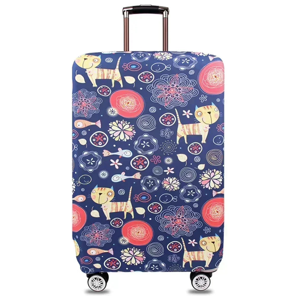A blue suitcase with a colorful floral pattern and a yellow cat design, featuring a black handle.