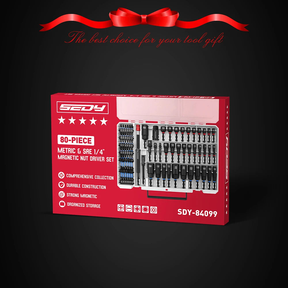 A red box containing an 80-piece metric and SAE magnetic nut driver set with various tools.