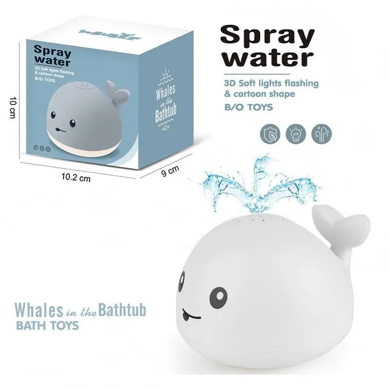 A white, light-up whale bath toy is shown next to its packaging box.