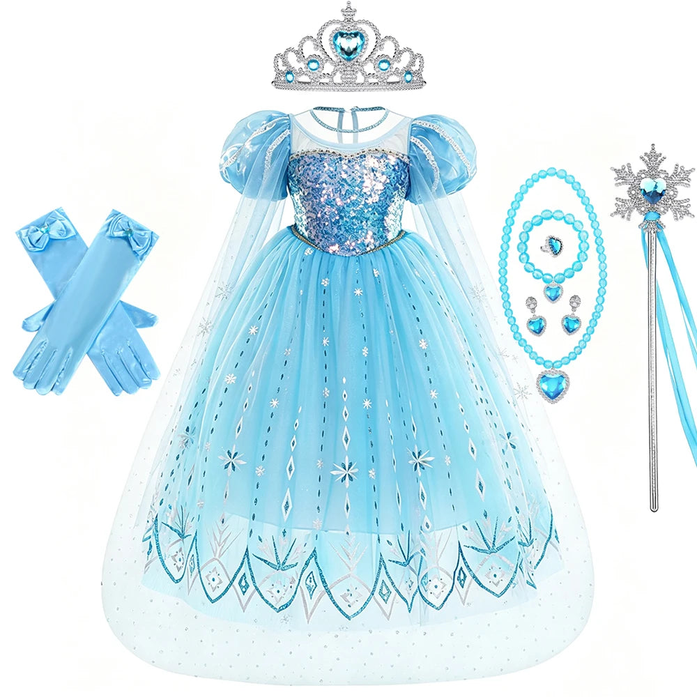 Light blue tulle princess party dress with a crown and lace details for girls