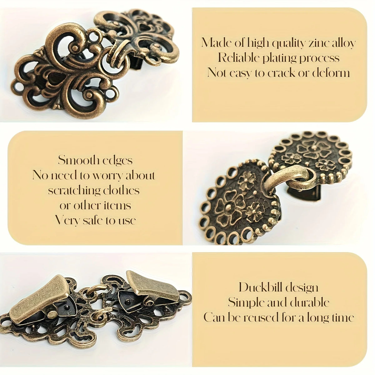 A set of vintage rotating sweater clips made of zinc alloy with a decorative design.