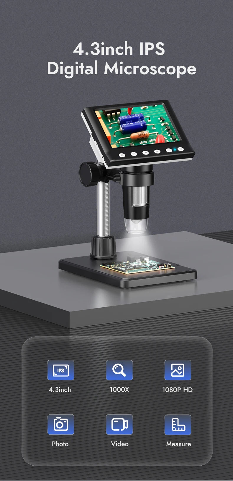 A 4.3-inch IPS digital microscope is shown mounted on a stand, ready for inspection.