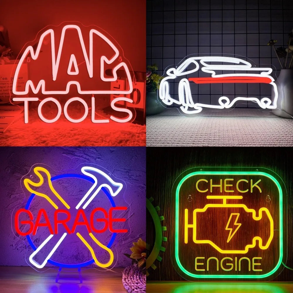 Four neon signs featuring tools, a car silhouette, and an engine graphic for garage decor