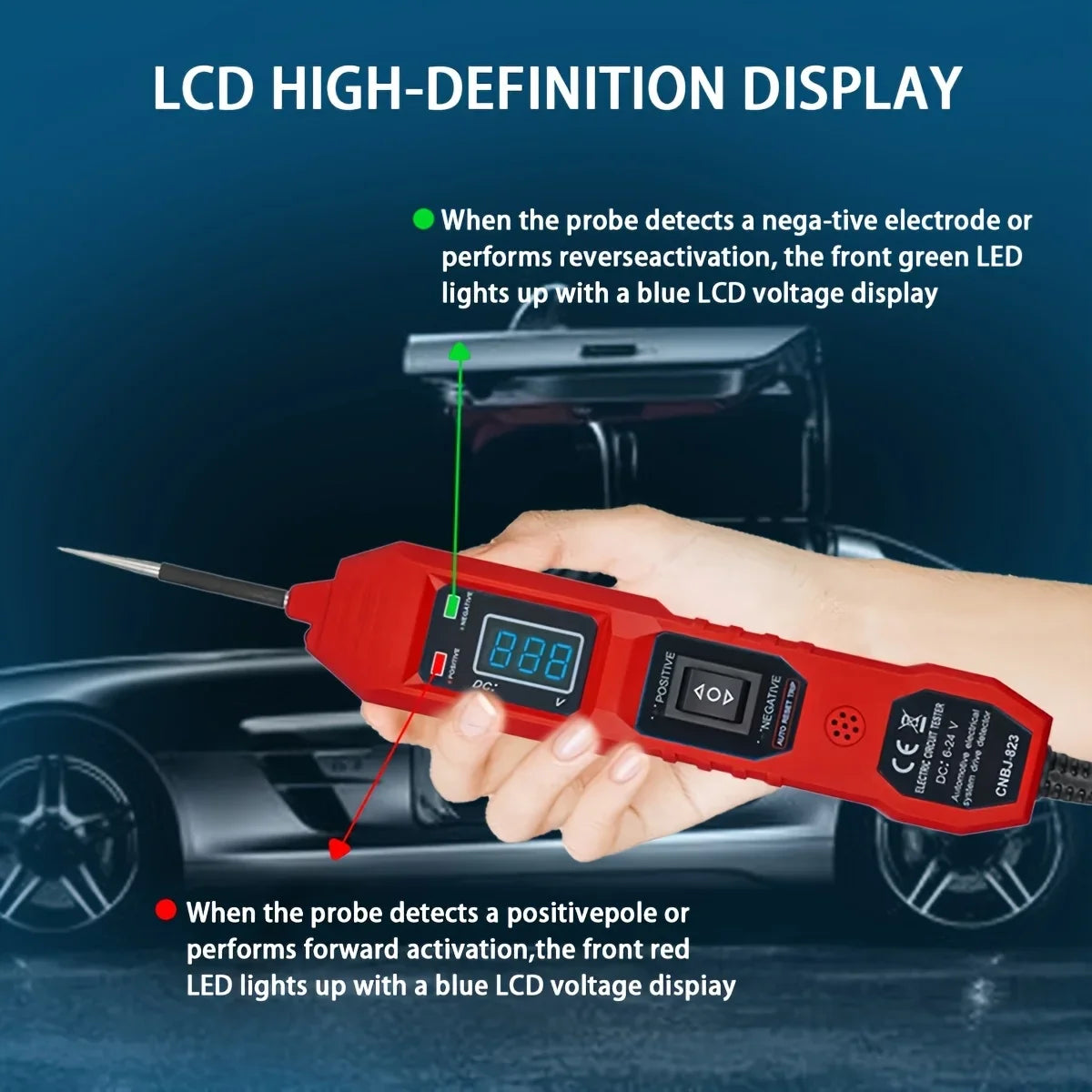Eine Hand hält einen roten digitalen Auto-Schaltprüfer mit LED-Spannungsanzeige, der negative und positive Elektroden erkennt