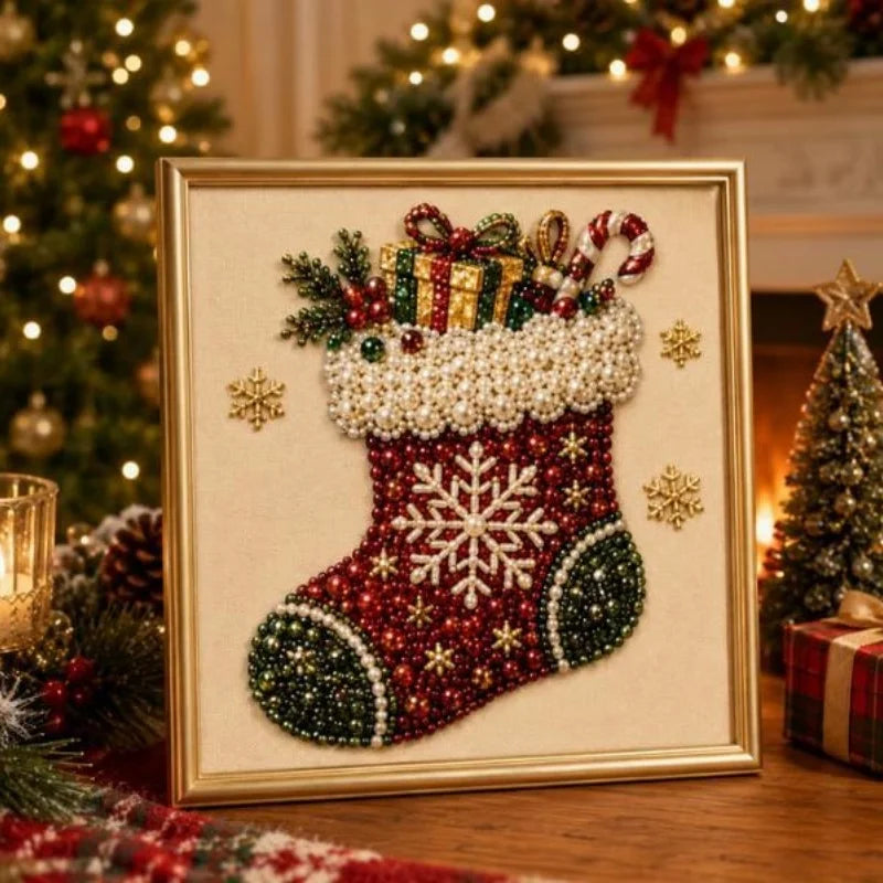 Gerahmte Diamantmalerei mit roter und grüner Weihnachtssocke mit weißer Perlenverzierung.