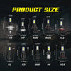 A display showing various LED fog and DRL bulbs including H4, H7, 9005, 9006, H11, 880, H6, and H16 models with their dimensi