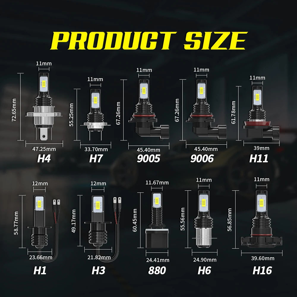 A display showing various LED fog and DRL bulbs including H4, H7, 9005, 9006, H11, 880, H6, and H16 models with their dimensi