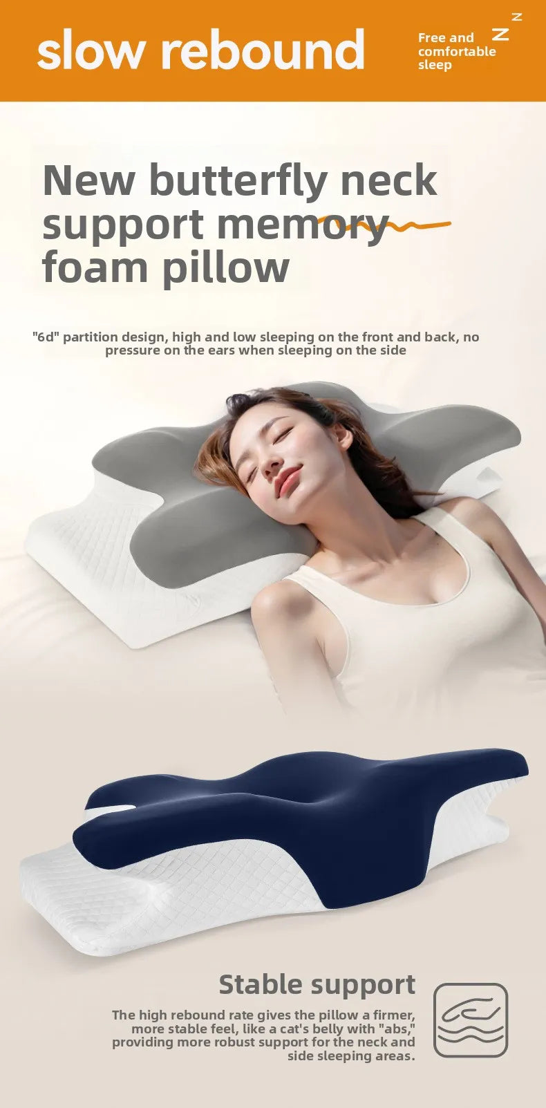 A navy blue memory foam pillow with a white cover is shown supporting the neck and head for side sleeping.