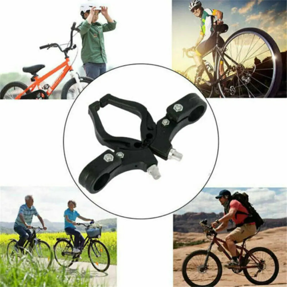 Close-up view of black universal bike V-brake levers with an ergonomic grip.