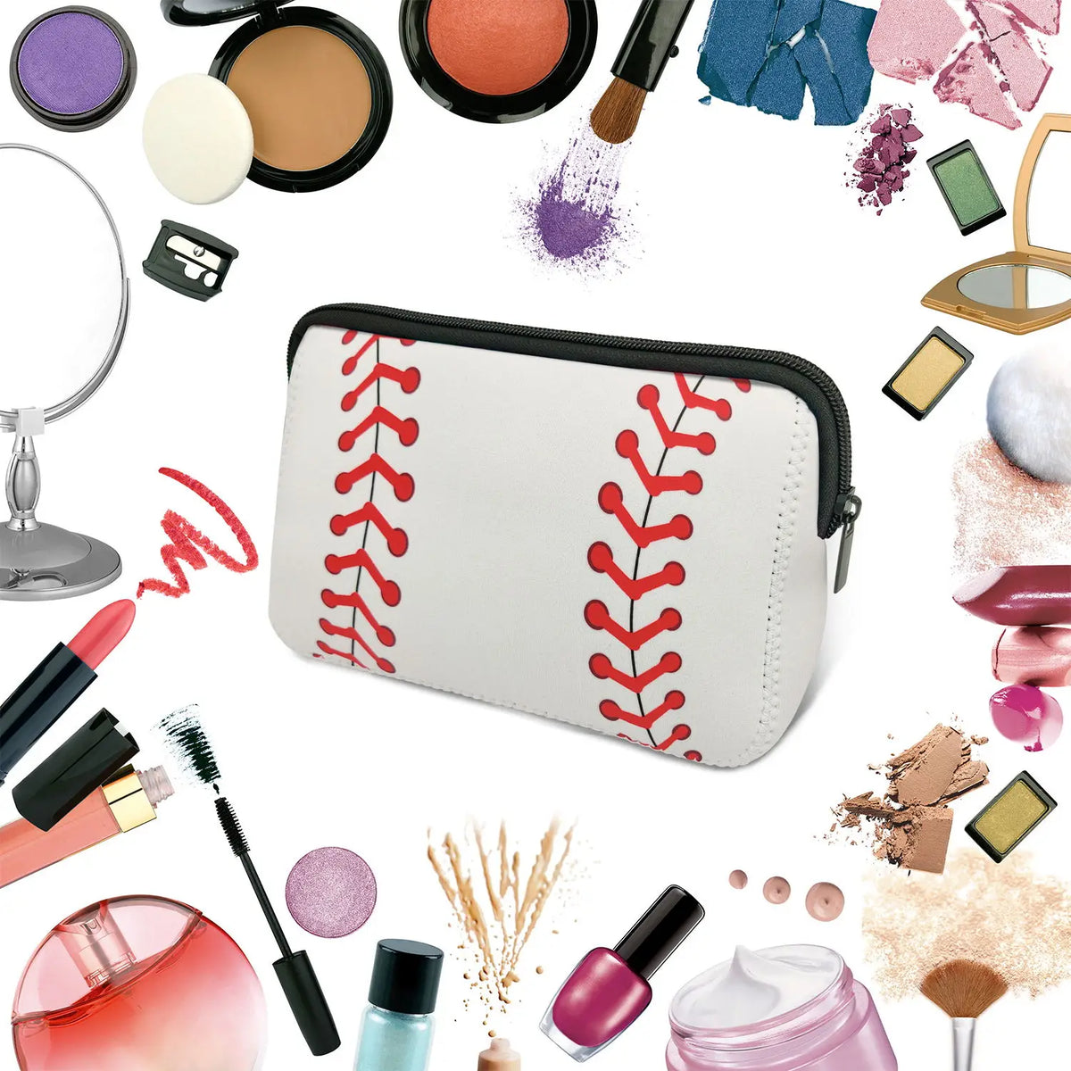 A white cosmetic bag with red embroidery, surrounded by various makeup products and tools.