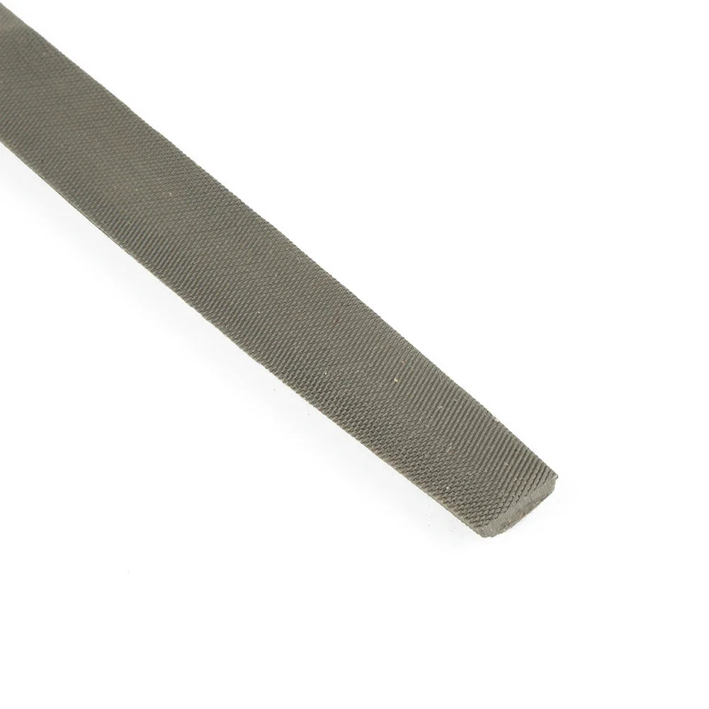 A close-up view of a gray 6-inch flat diamond file used for chainsaw sharpening.