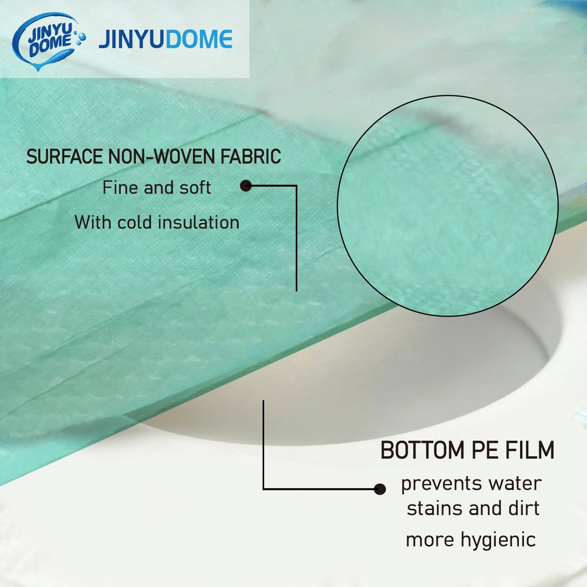 Close-up of a light green non-woven fabric toilet seat cover with a bottom PE film layer.