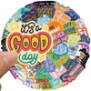 A circular arrangement of colorful inspirational English quote stickers for DIY decoration