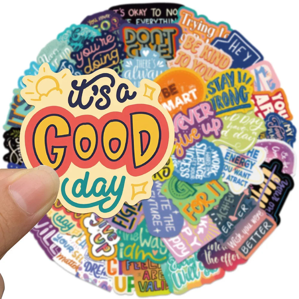 A circular arrangement of colorful inspirational English quote stickers for DIY decoration