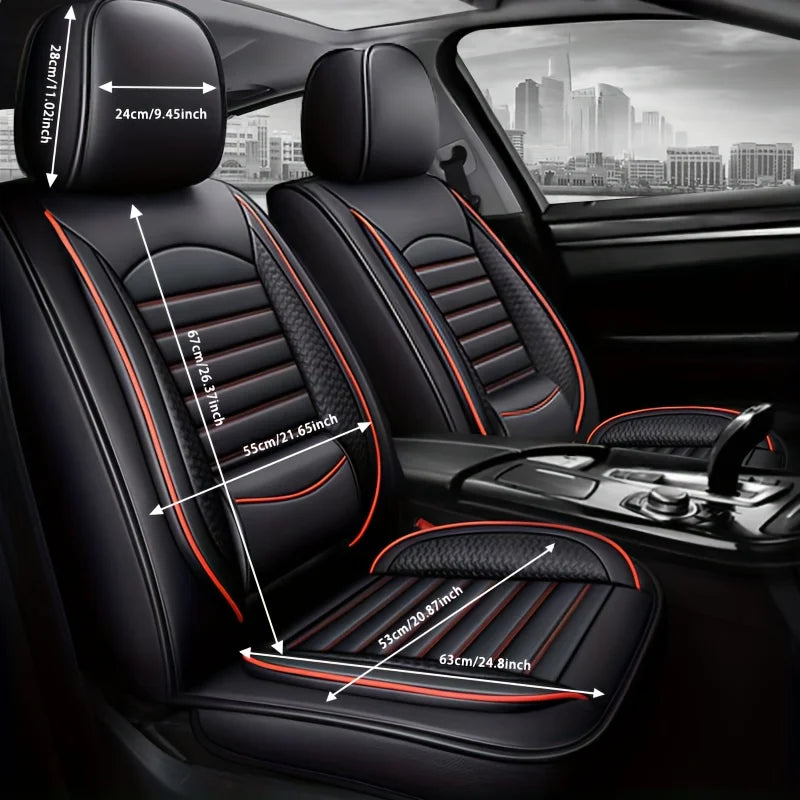 Black leather car seat covers with orange stitching and headrest covers shown in a vehicle interior.