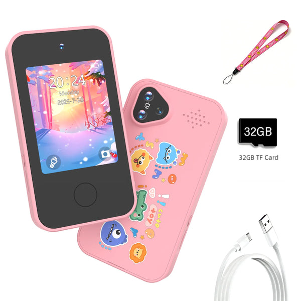 A pink Kids HD Mini Smartphone toy with a screen displaying time and various stickers, next to a pink lanyard.