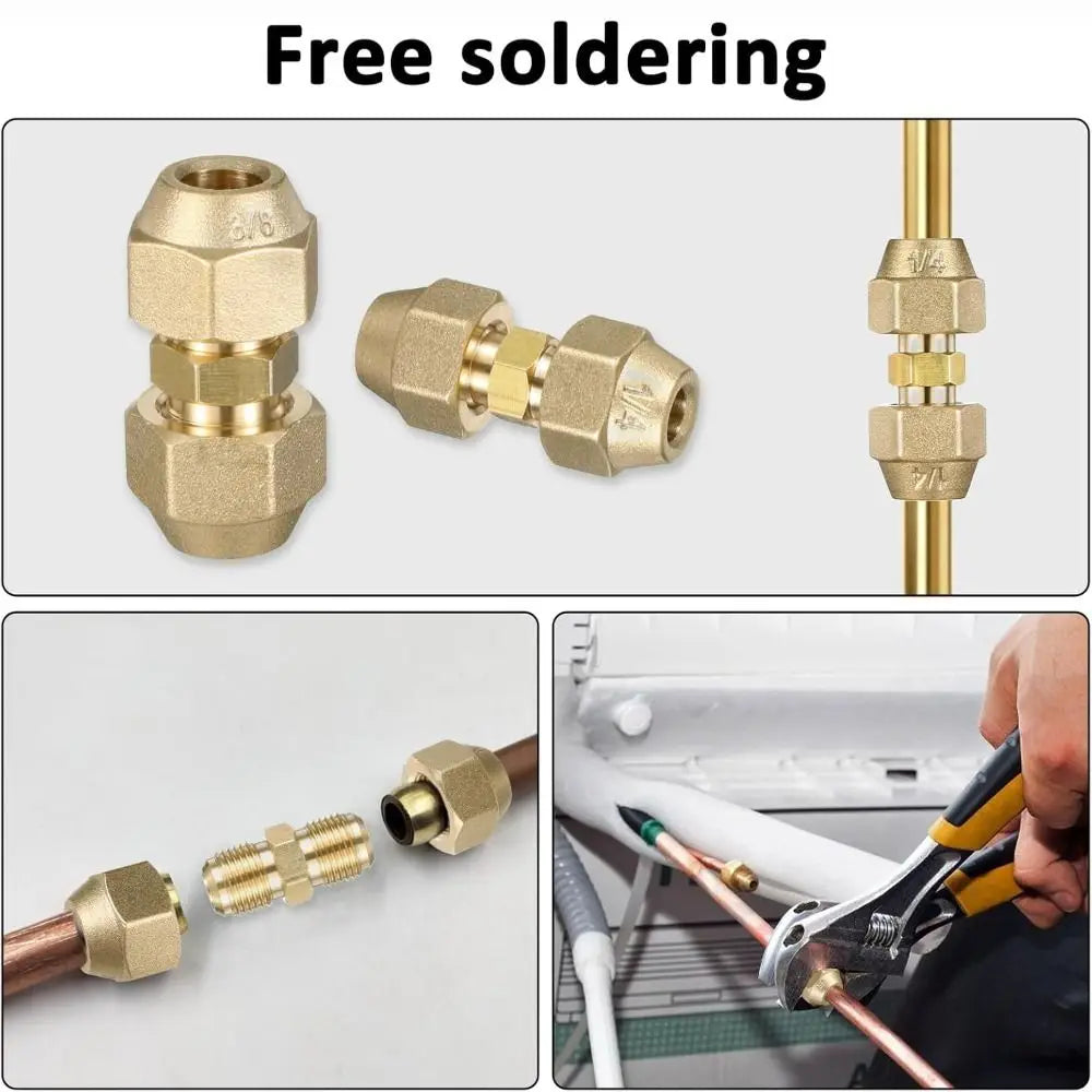 Close-up of brass copper pipe extension fittings with flare nuts being soldered onto a copper pipe.