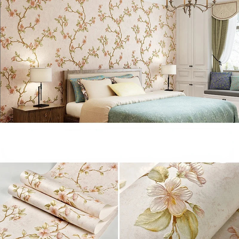 Roll of 3D embossed floral self-adhesive wallpaper featuring delicate pink and green botanical designs.