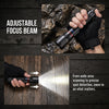 A hand holds an adjustable focus beam flashlight, demonstrating its ability to scan wide areas and zoom in for precise spot d