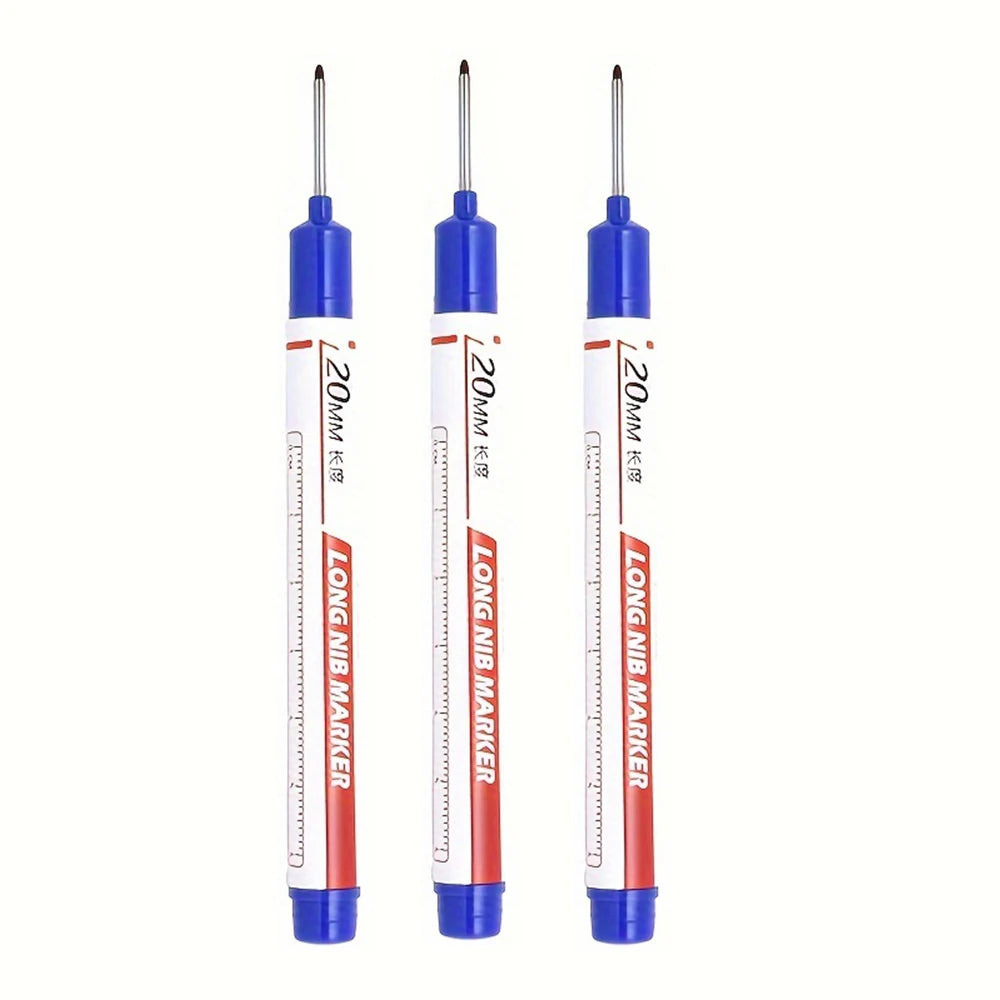 Three long-nib precision markers in blue and red for marking metal, wood, and glass.