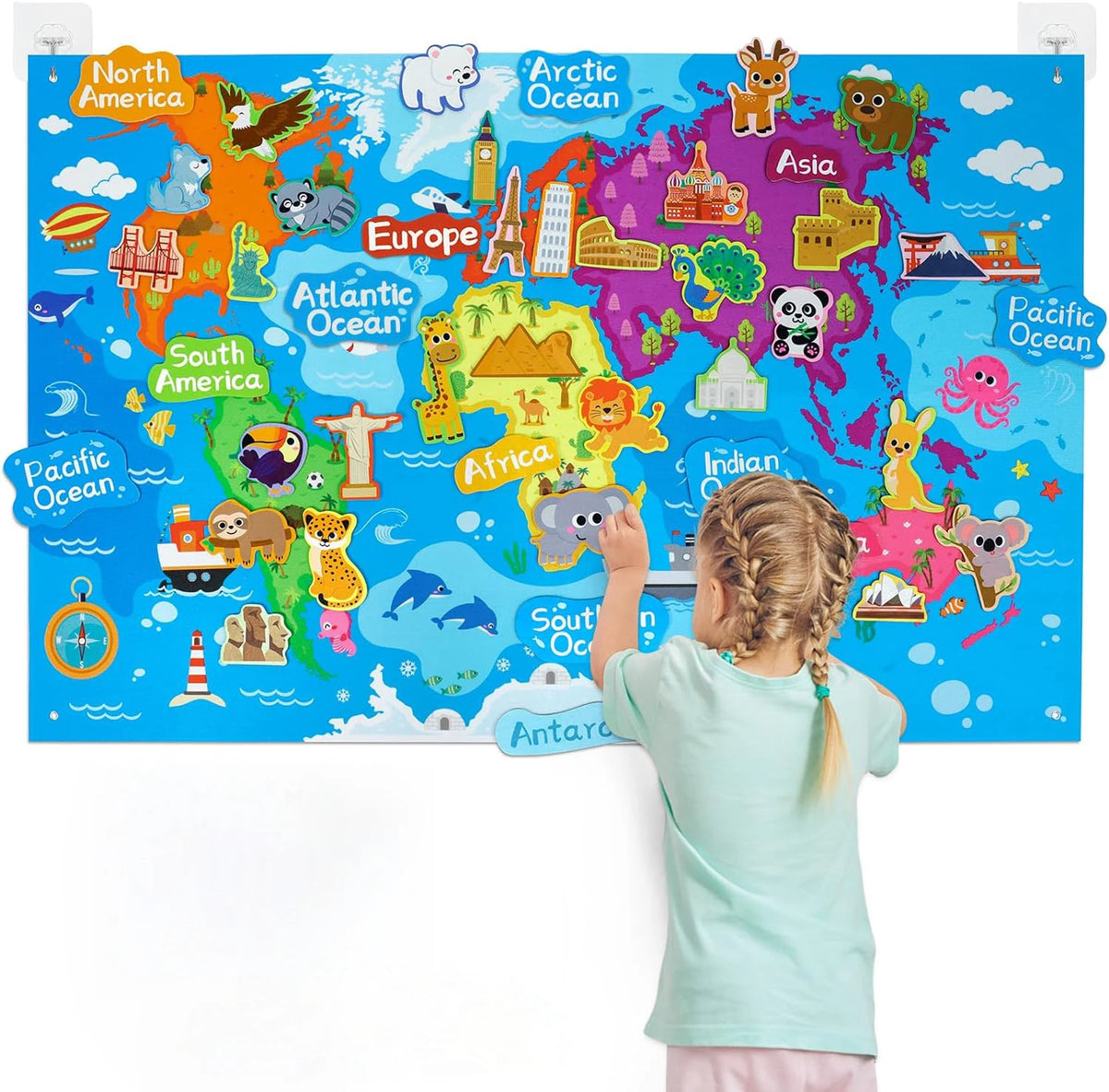A colorful felt storytelling board map showing continents and various zoo animals.