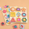 A wooden rainbow shape puzzle featuring colorful geometric pieces on a light background.