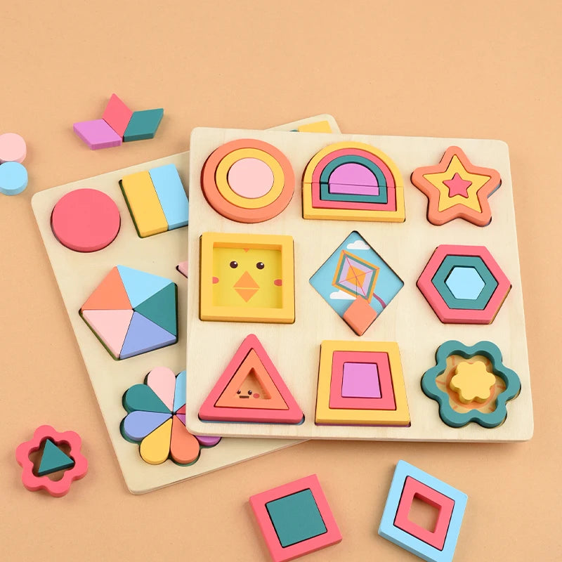 A wooden rainbow shape puzzle featuring colorful geometric pieces on a light background.