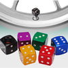 A set of four aluminum alloy dice design tire valve caps in black, purple, green, and red are displayed against a light backg
