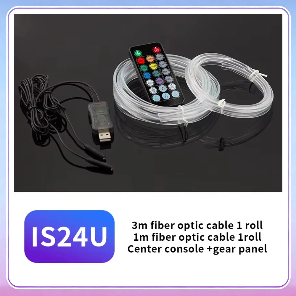 A roll of 3m fiber optic cable and a center console with a gear panel.