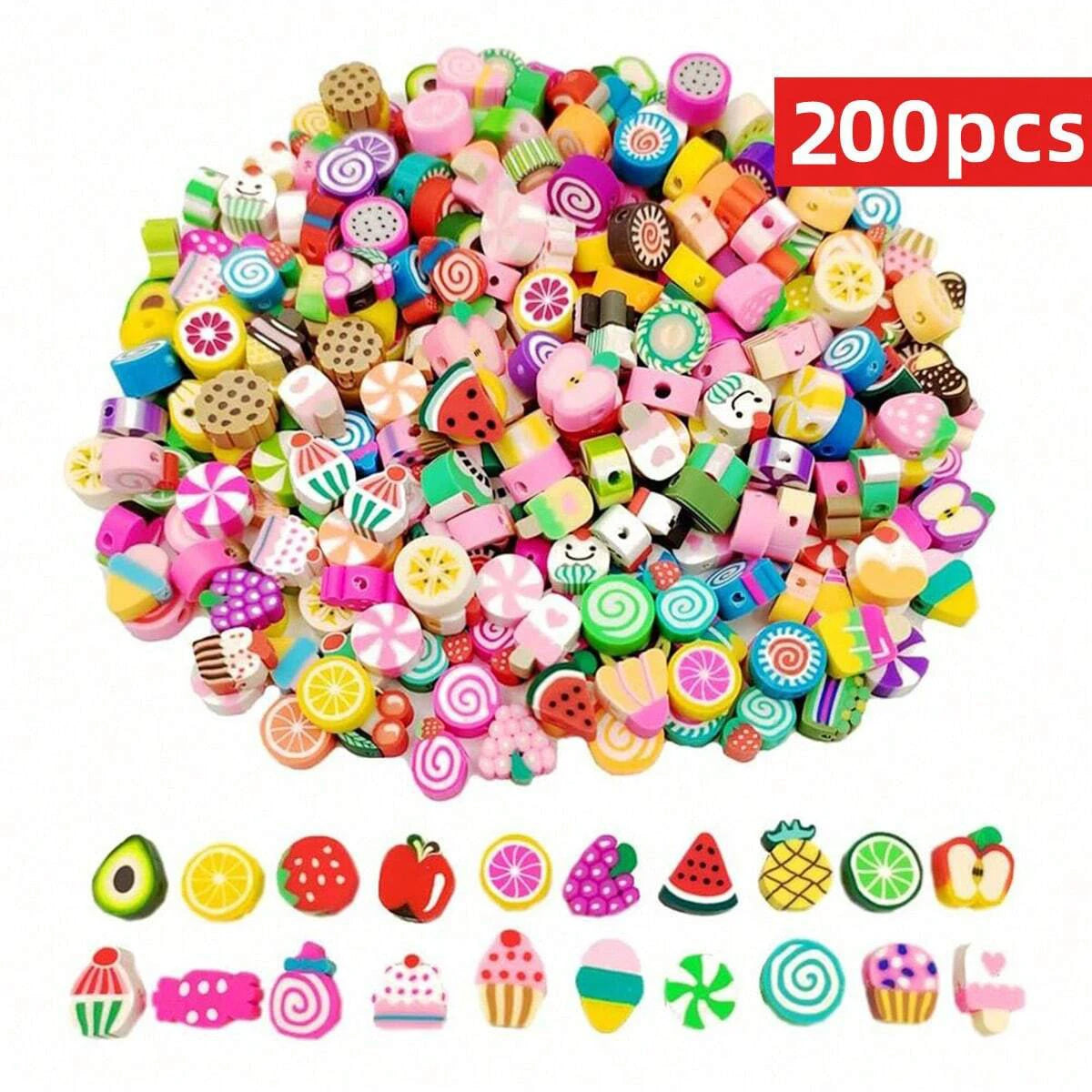 A large pile of 200 assorted polymer clay beads shaped like summer fruits for jewelry making