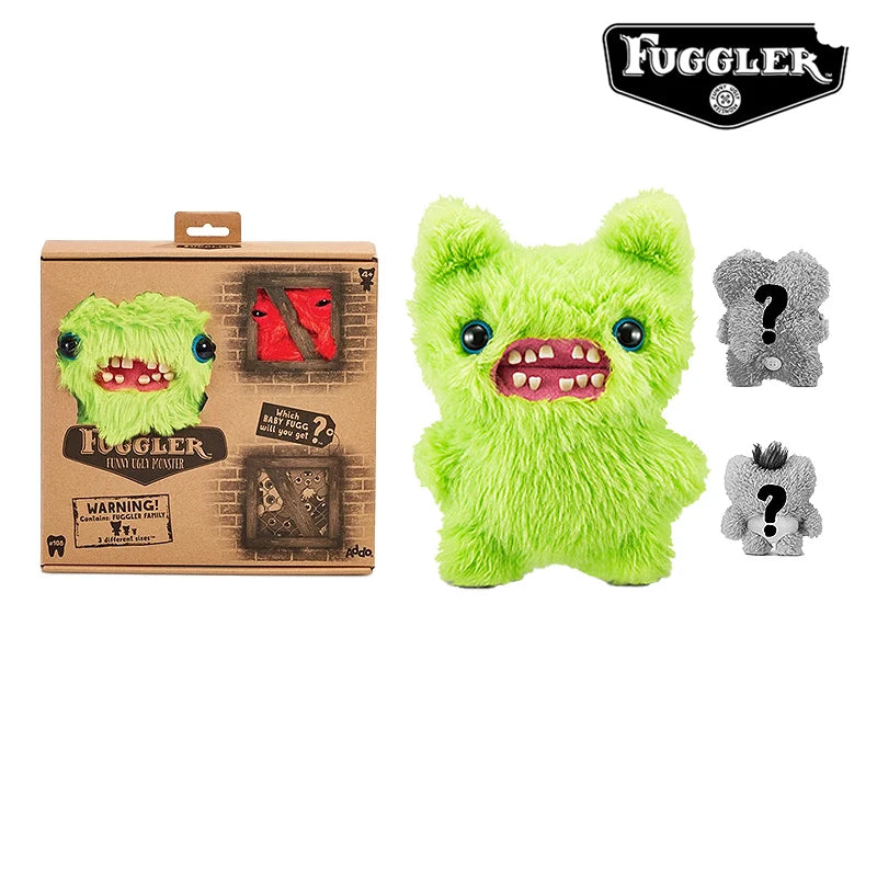 A bright green Fuggler ugly monster plush toy with funny teeth and a gray version.