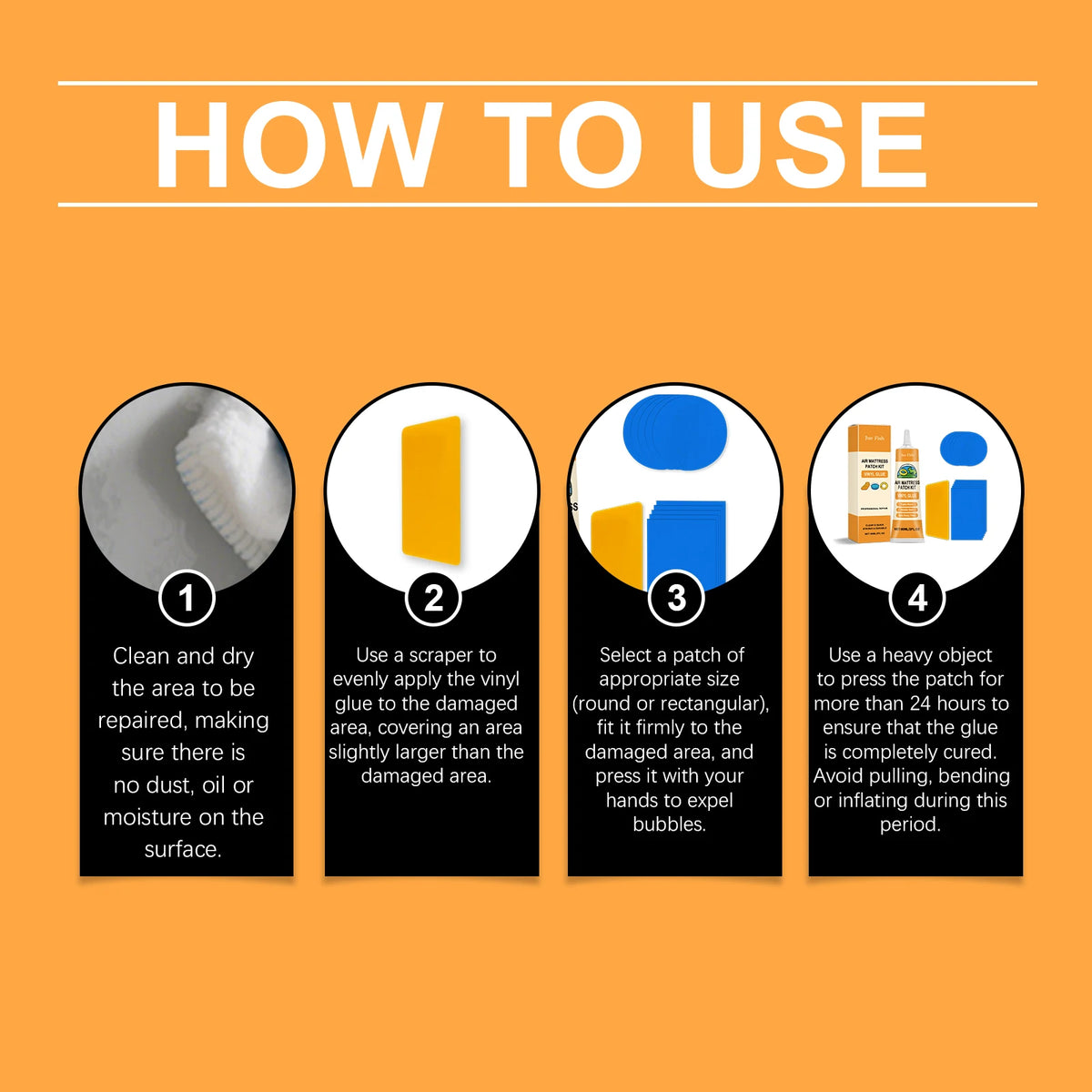 How to use guide showing four steps for repairing a damaged area with an inflatable repair kit