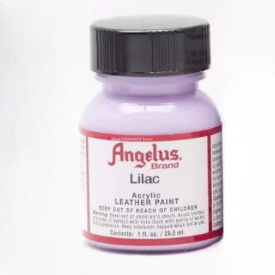 A purple glass bottle of Angelus Brand Lilac Acrylic Leather Paint with a black cap.