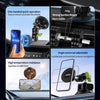 Various views of a magnetic car phone mount demonstrating one-handed operation, strong suction, and temperature resistance.