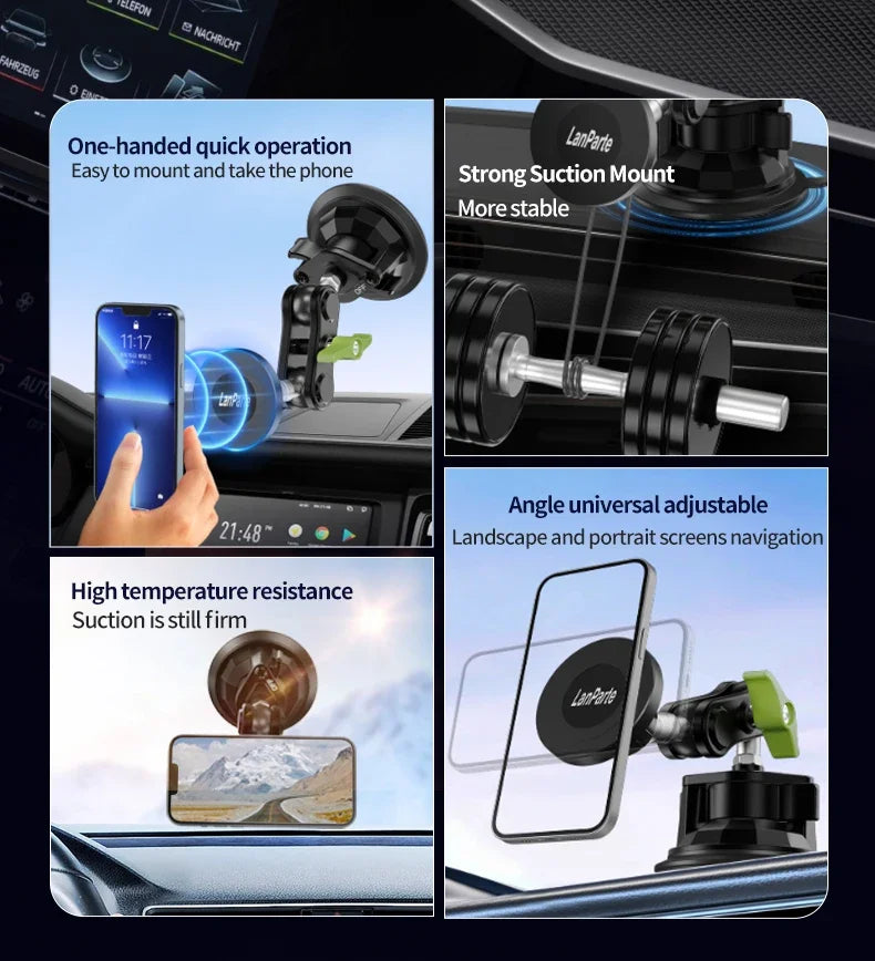 Various views of a magnetic car phone mount demonstrating one-handed operation, strong suction, and temperature resistance.