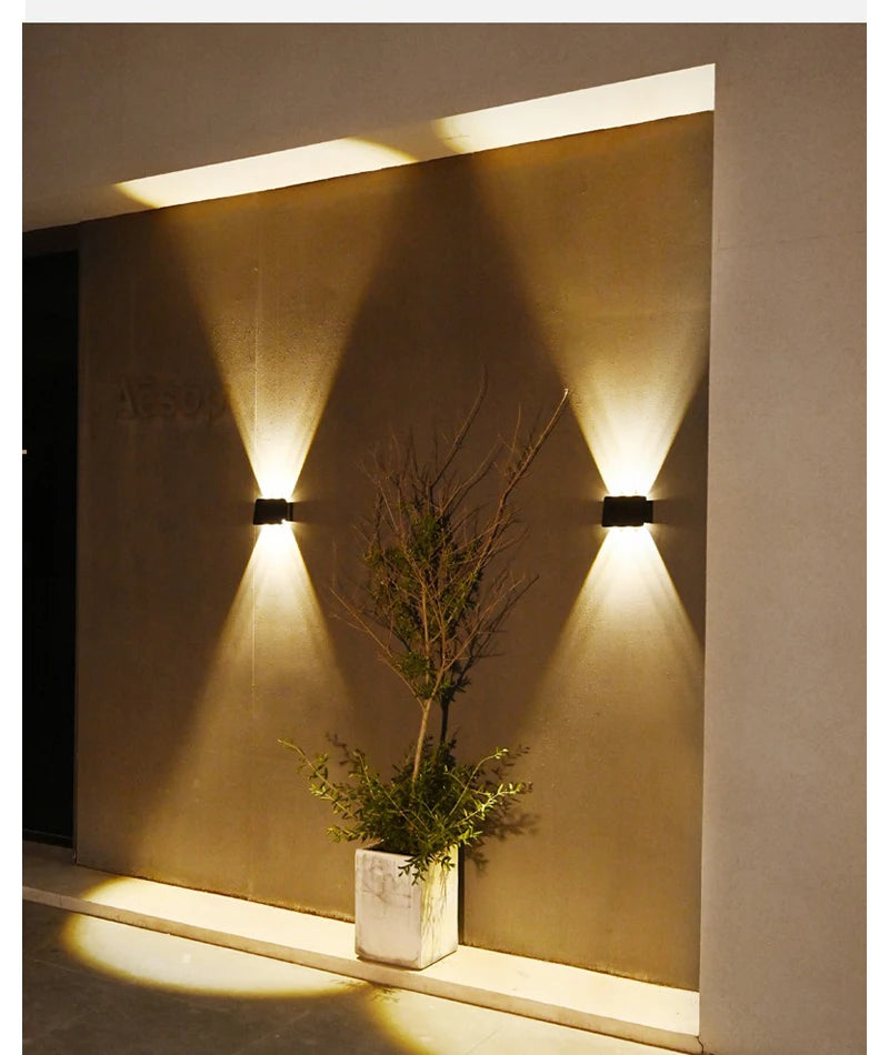 A modern wall light illuminates a dried plant display with upward and downward glow on a beige wall.