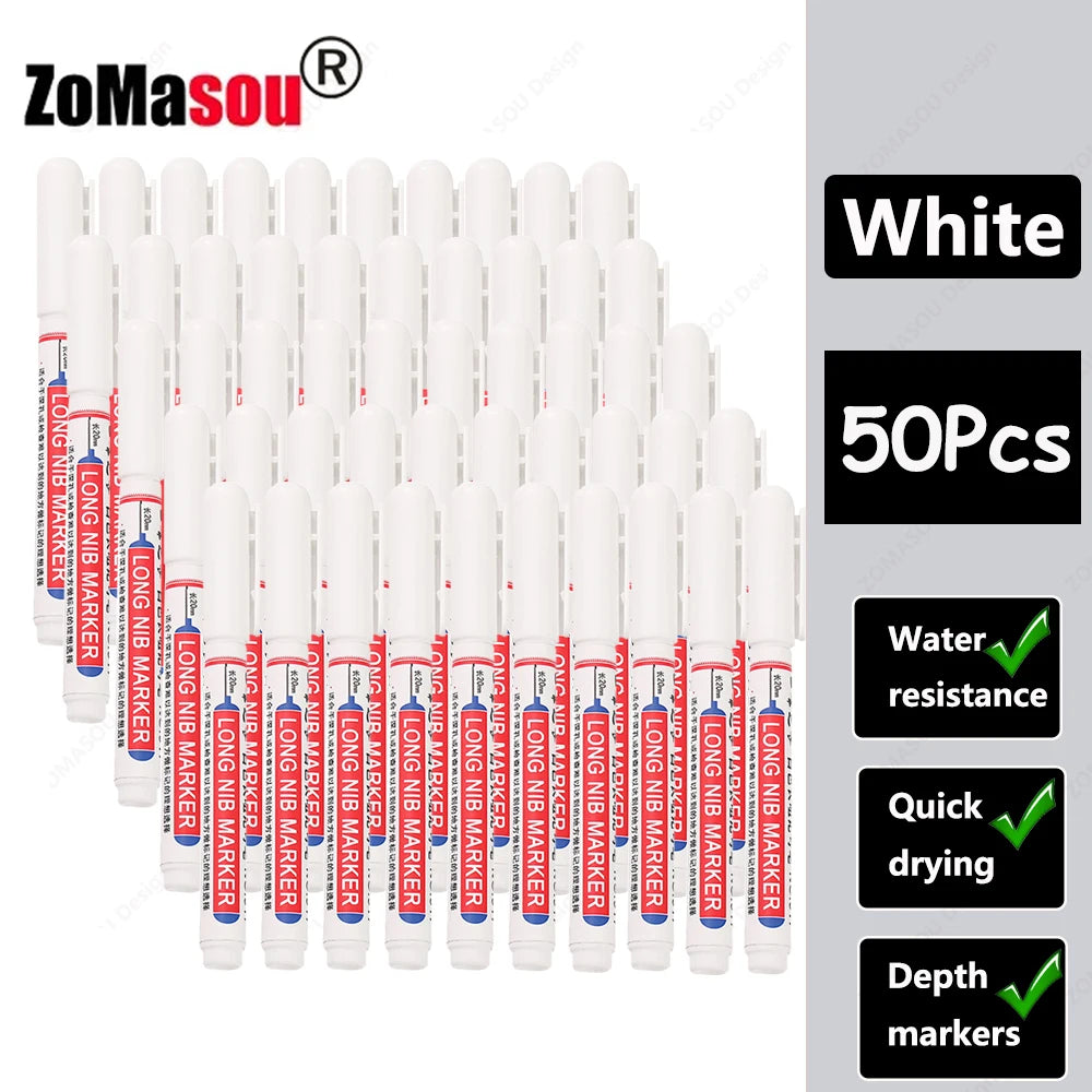 White long-head waterproof deep hole markers for woodworking and construction, packaged in 50 pieces.