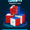 A red and blue magnetic cube set shown with various layouts and features like stable structure and smooth feel.