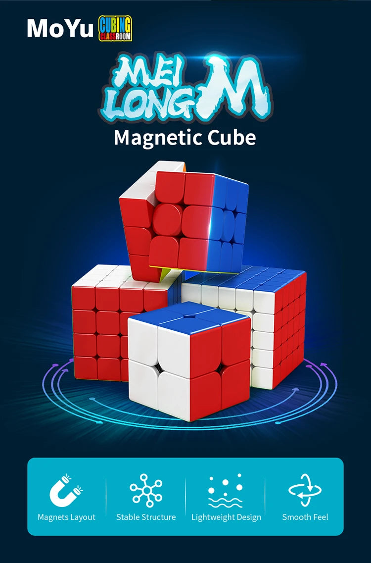 A red and blue magnetic cube set shown with various layouts and features like stable structure and smooth feel.