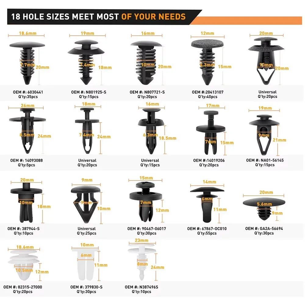 A collection of various 18 hole sizes of push retainer clips for automotive trim and panels.