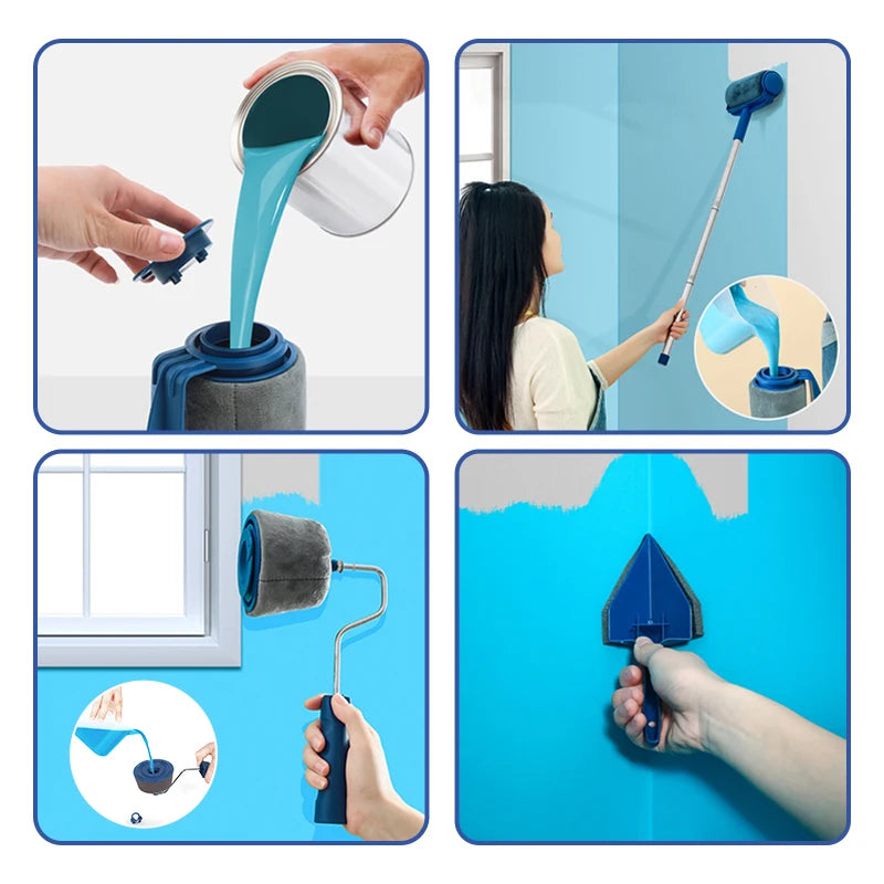 A set of eight self-priming paint rollers and tools used for wall painting, showing various application methods.
