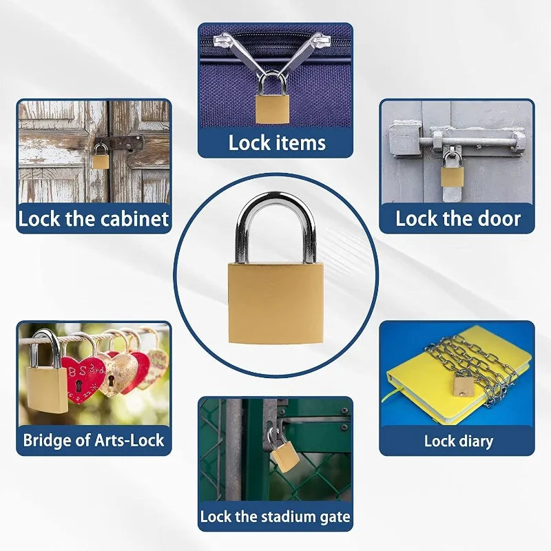 A collection of lock items including a padlock, a door lock, an arts-lock bridge, and a stadium gate lock.