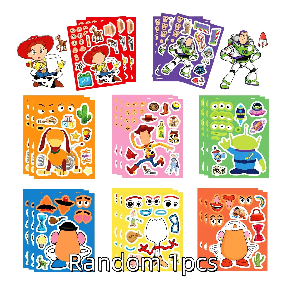 A collection of random reusable stickers featuring characters like Woody and Buzz Lightyear on various backgrounds.